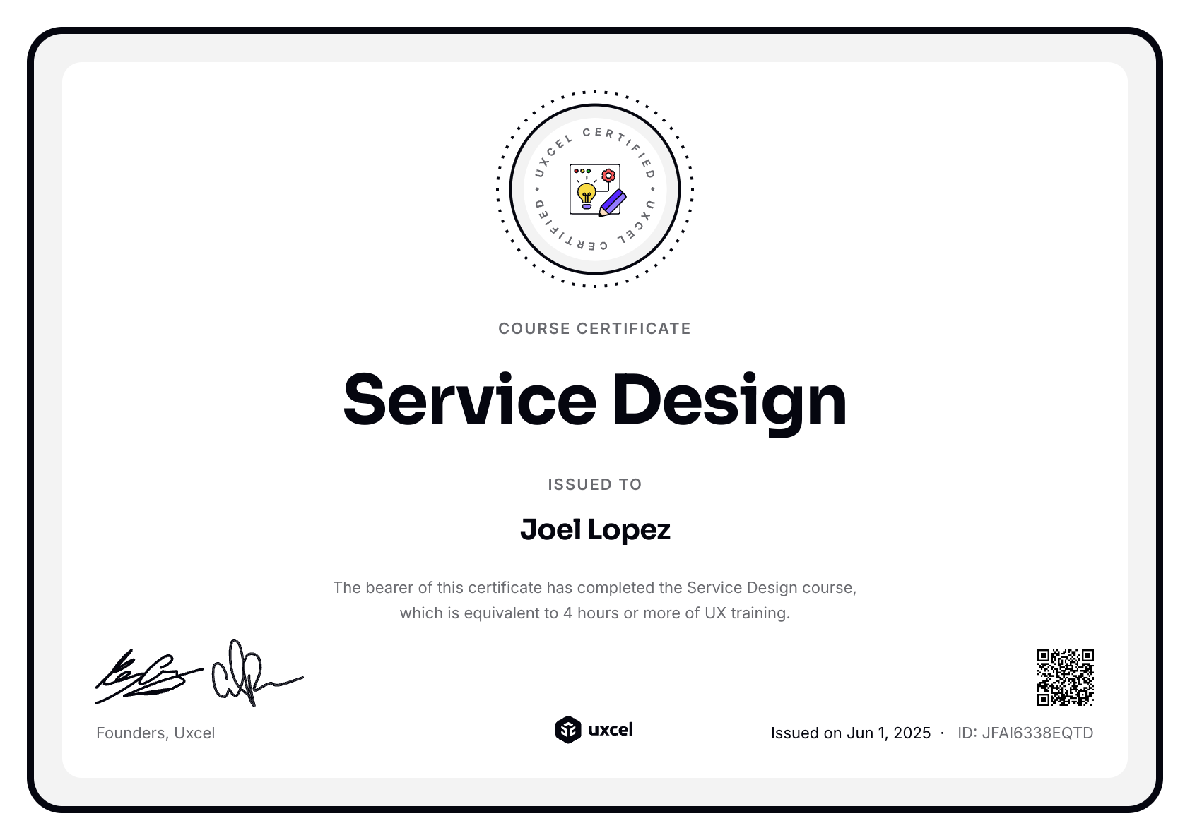 Joel Lopez's certificate